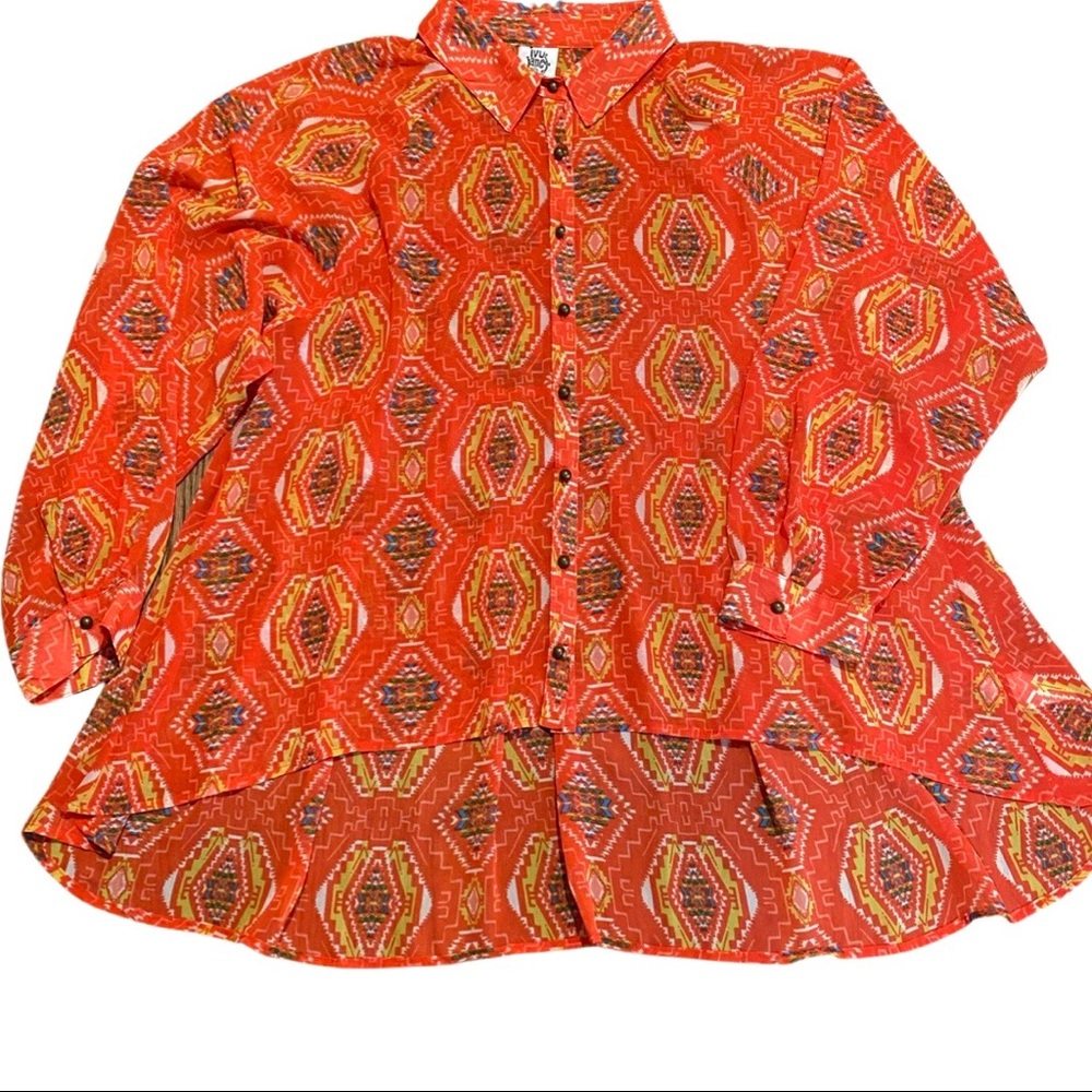 Ivy Jane xl coralorange w/multi color sheer L/sleeve button hi low tunic